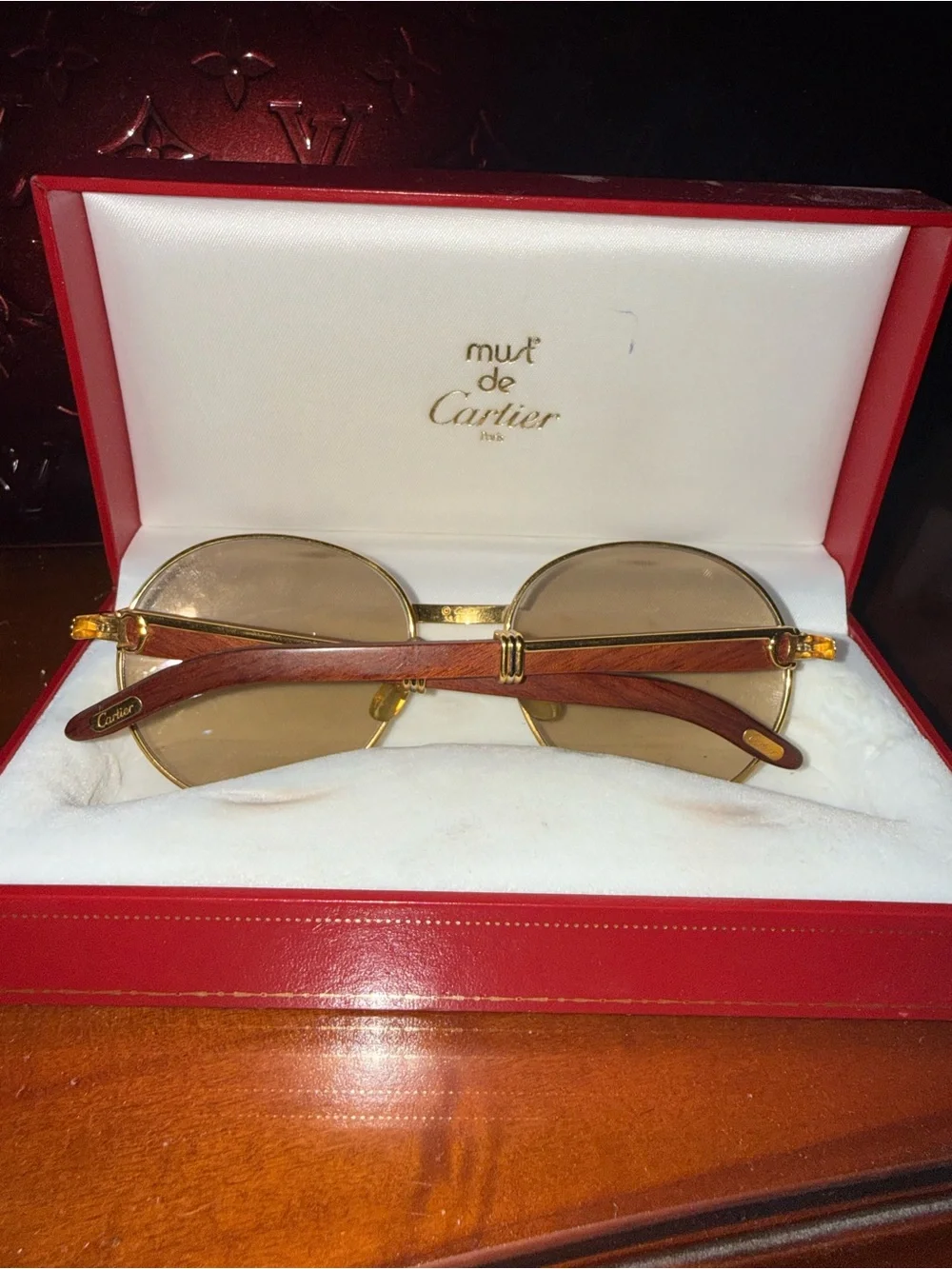 RARE Authentic Vintage Cartier Bagatelle Wood Sunglasses 135b w/ Red Box